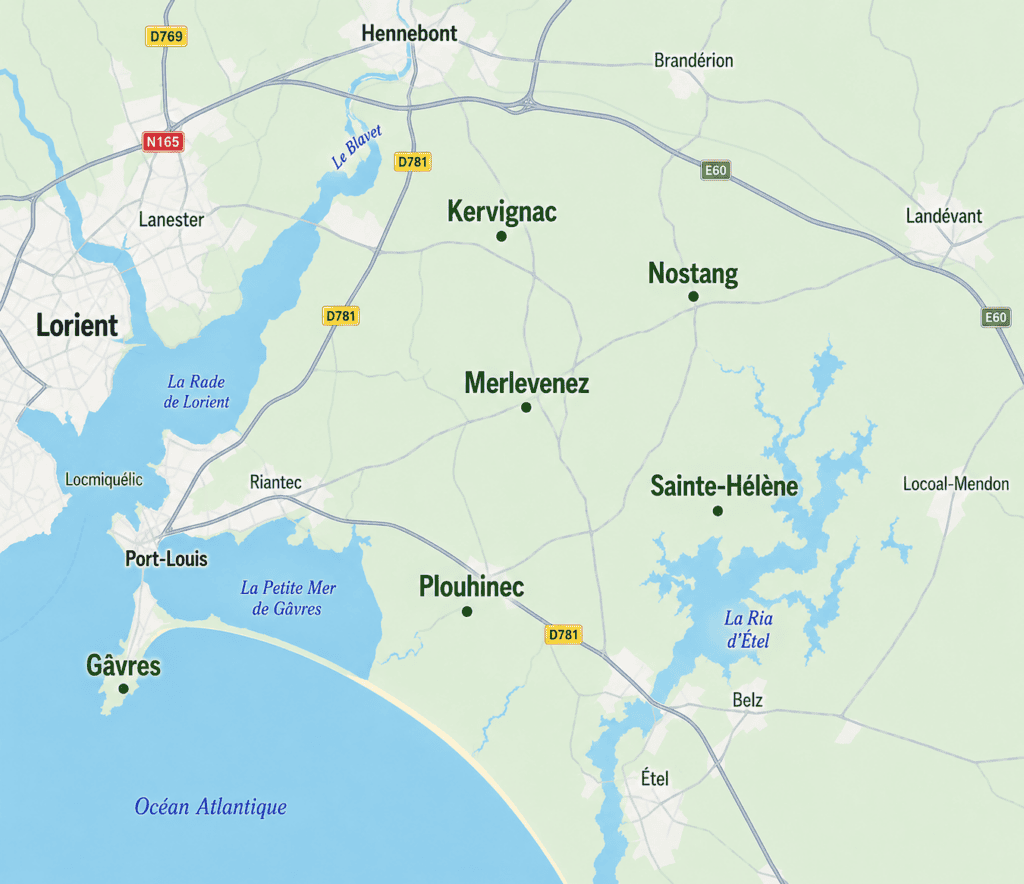 Carte des communes principales couvertes par Vue Ouest Immobilier : Merlevenez, Kervignac, Nostang, Sainte-Hélène, Plouhinec et Gâvres.